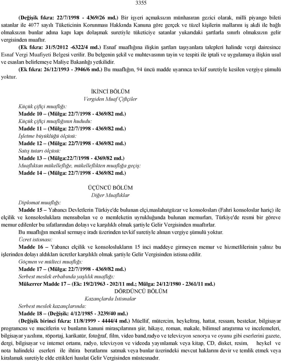 olmaksızın bunlar adına kapı kapı dolaşmak suretiyle tüketiciye satanlar yukarıdaki şartlarla sınırlı olmaksızın gelir vergisinden muaftır. (Ek fıkra: 31/5/2012-6322/4 md.