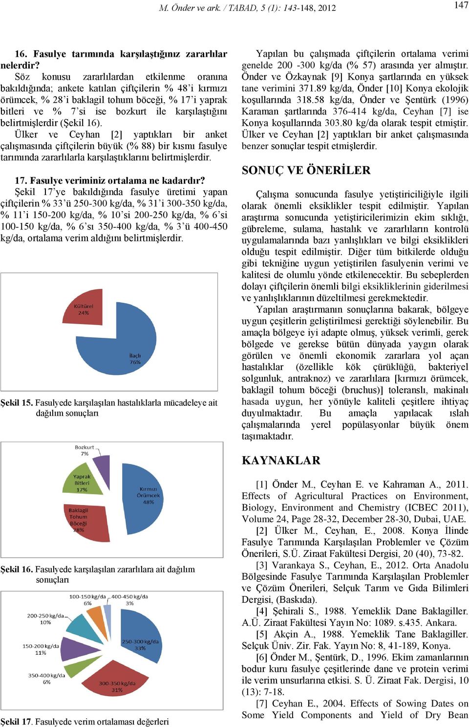 karşılaştığını belirtmişlerdir (Şekil 16). Ülker ve Ceyhan [2] yaptıkları bir anket çalışmasında çiftçilerin büyük (% 88) bir kısmı fasulye tarımında zararlılarla karşılaştıklarını belirtmişlerdir.