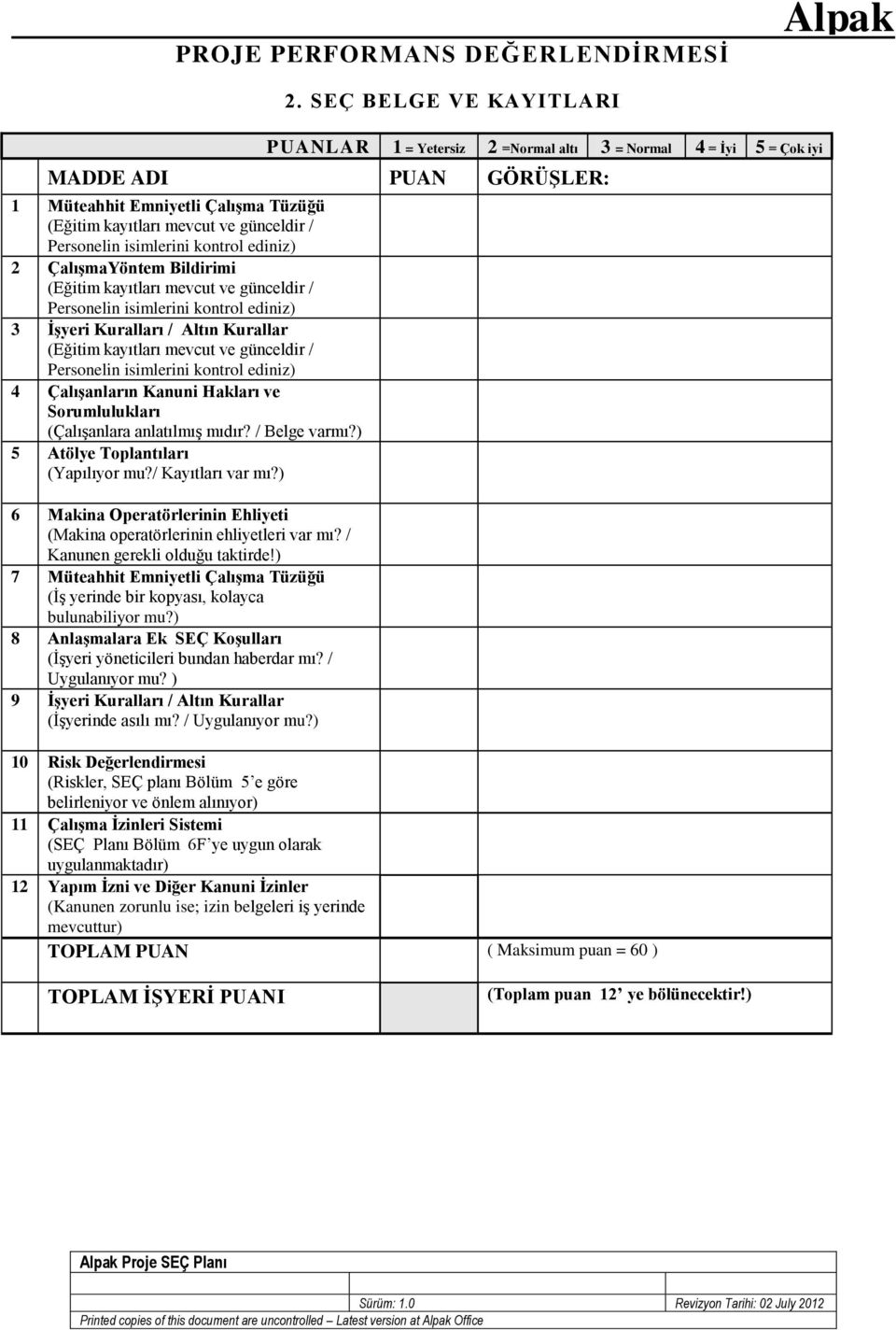 isimlerini kontrol ediniz) ÇalışmaYöntem Bildirimi (Eğitim kayıtları mevcut ve günceldir / Personelin isimlerini kontrol ediniz) 3 İşyeri Kuralları / Altın Kurallar (Eğitim kayıtları mevcut ve