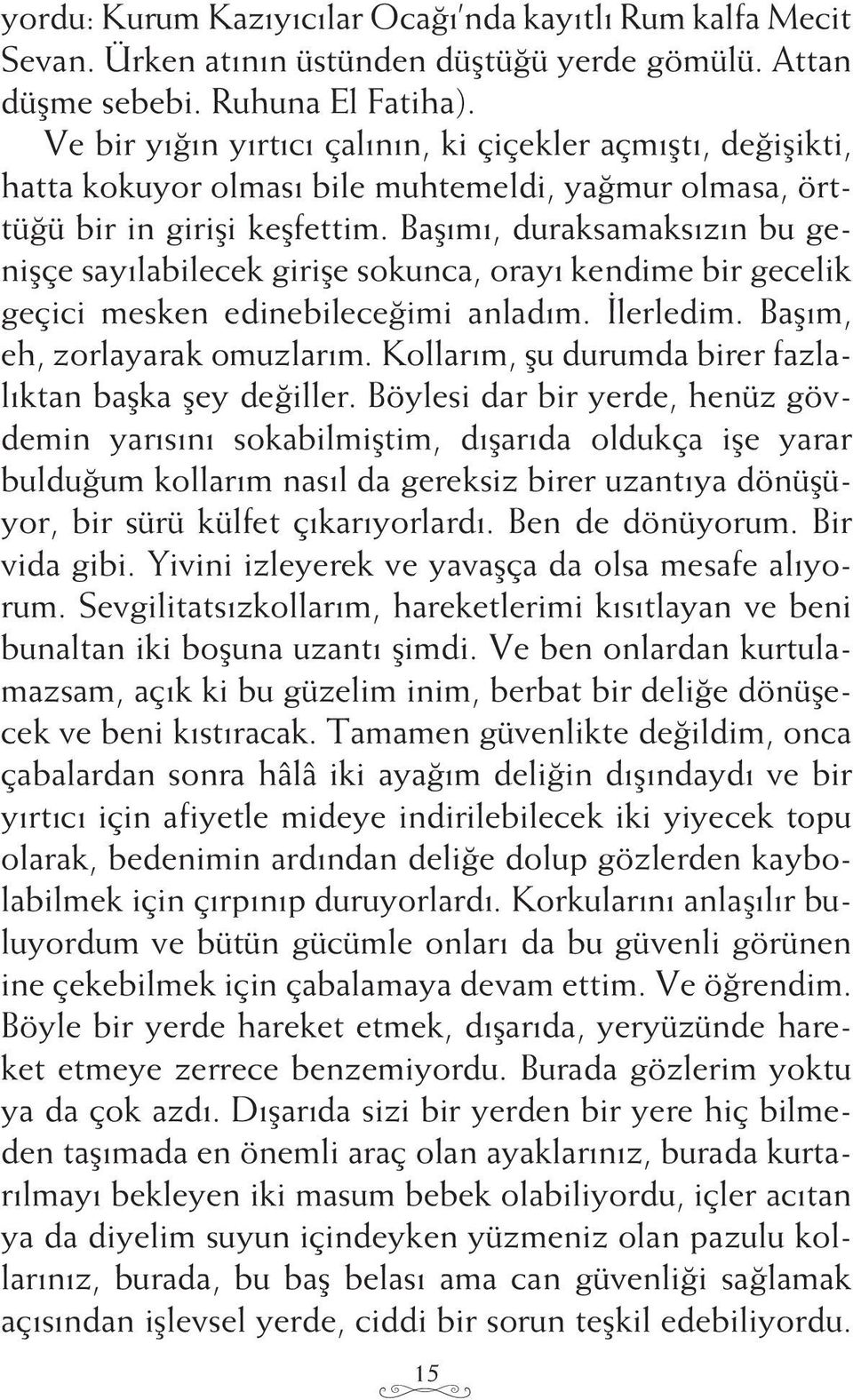 Başımı, duraksamaksızın bu genişçe sayılabilecek girişe sokunca, orayı kendime bir gecelik geçici mesken edinebileceğimi anladım. İlerledim. Başım, eh, zorlayarak omuz larım.