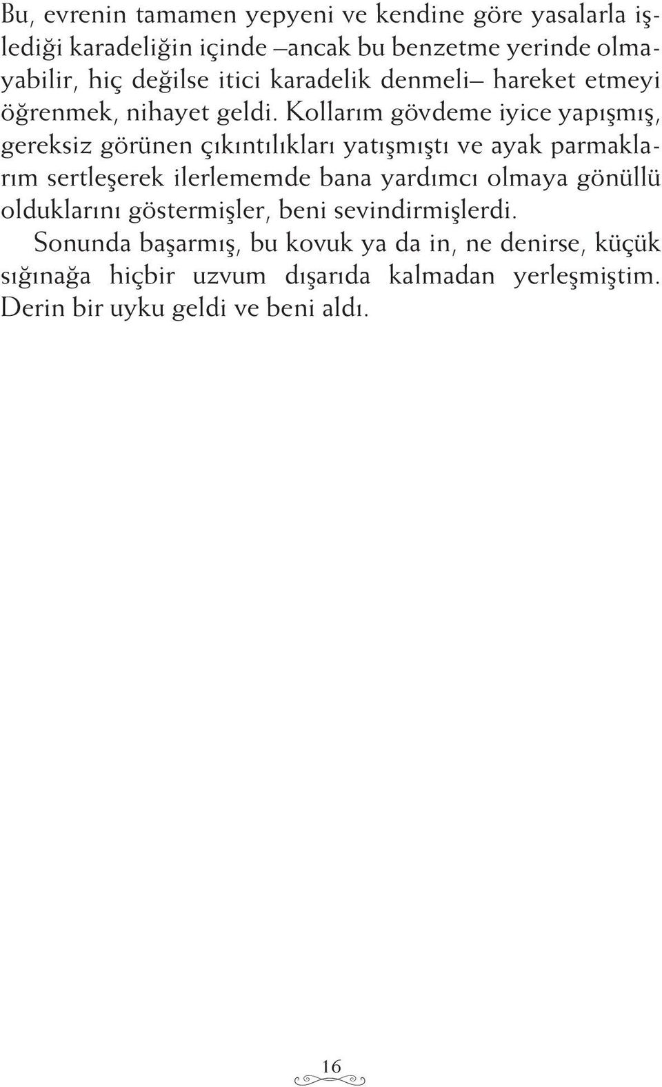 Kollarım gövdeme iyice yapışmış, gereksiz görünen çıkıntılıkları yatışmıştı ve ayak parmaklarım sertleşerek ilerlememde bana yardımcı