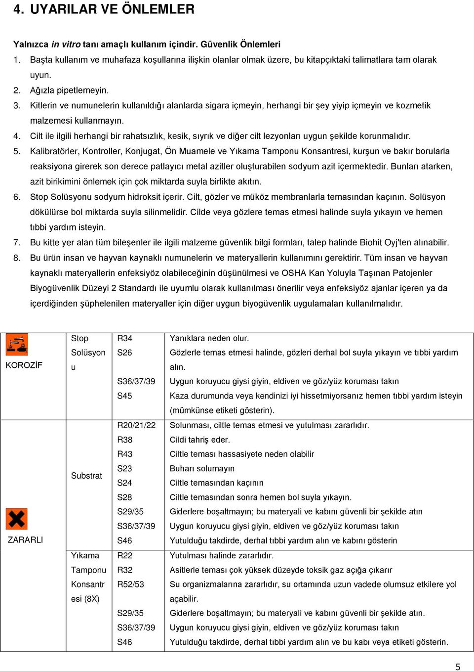 . Kitlerin ve numunelerin kullanıldığı alanlarda sigara içmeyin, herhangi bir şey yiyip içmeyin ve kozmetik malzemesi kullanmayın. 4.