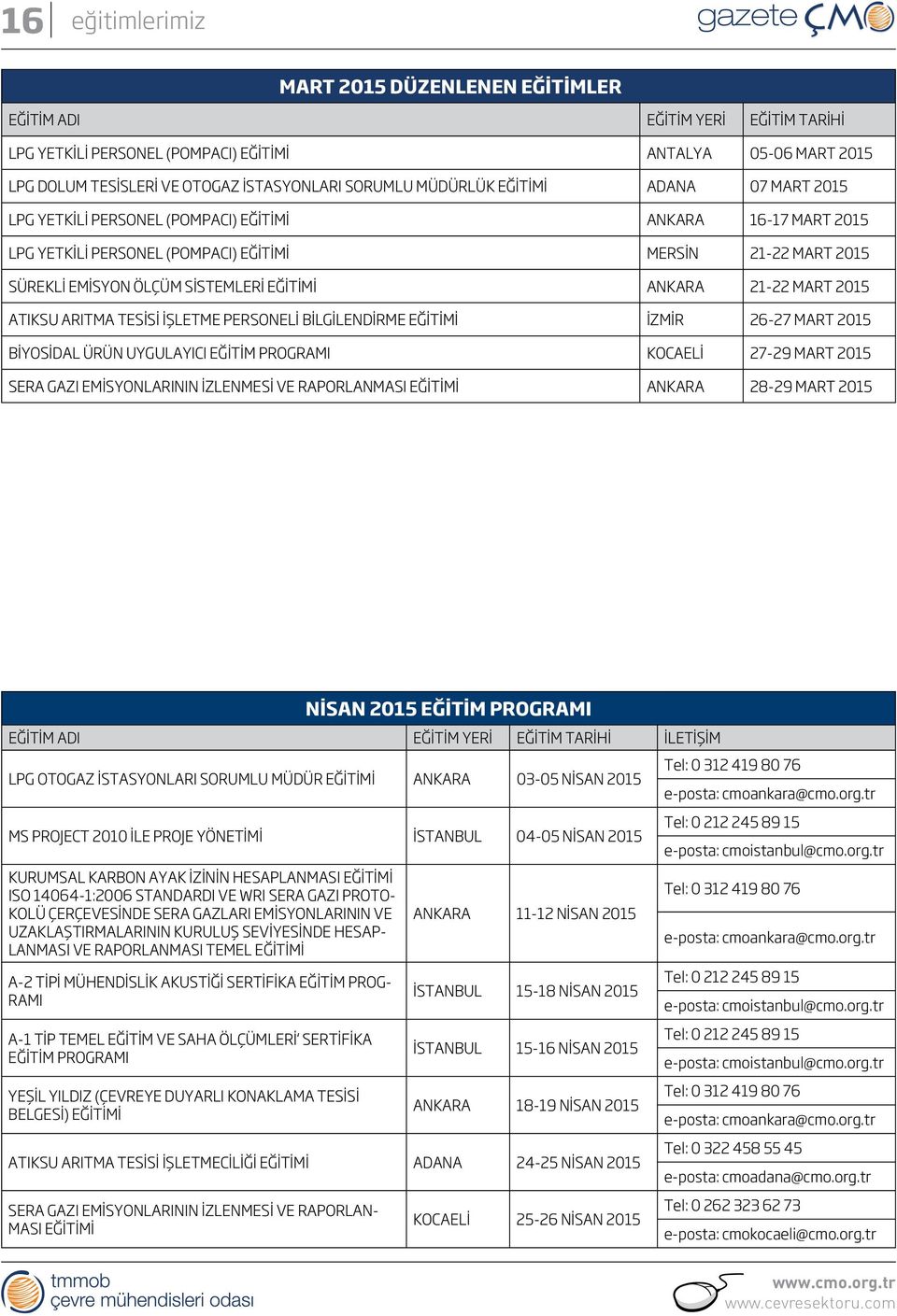 EĞİTİMİ ANKARA 21-22 MART 2015 ATIKSU ARITMA TESİSİ İŞLETME PERSONELİ BİLGİLENDİRME EĞİTİMİ İZMİR 26-27 MART 2015 BİYOSİDAL ÜRÜN UYGULAYICI EĞİTİM PROGRAMI KOCAELİ 27-29 MART 2015 SERA GAZI