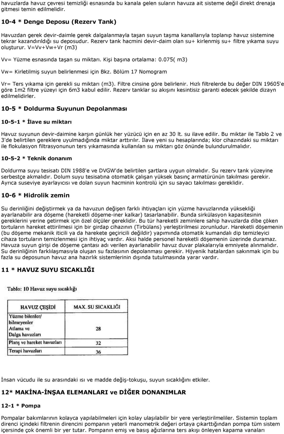 Rezerv tank hacmini devir-daim olan su+ kirlenmiş su+ filtre yıkama suyu oluşturur. V=Vv+Vw+Vr (m3) Vv= Yüzme esnasında taşan su miktarı. Kişi başına ortalama: 0.