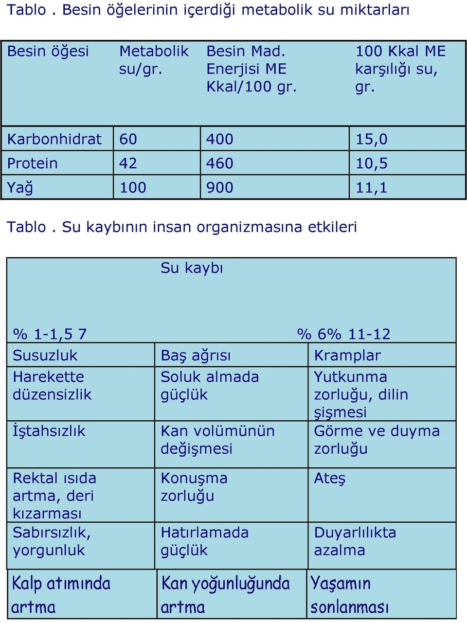 Su kaybının insan organizmasına etkileri Su kaybı % 1-1,5 7 % 6% 11-12 Susuzluk Baş ağrısı Kramplar Harekette düzensizlik İştahsızlık Soluk