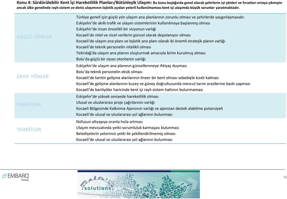 GÜÇLÜ YÖNLER ZAYIF YÖNLER FIRSATLAR TEHDİTLER Türkiye geneli için güçlü yön ulaşım ana planlarının zorunlu olması ve şehirlerde yaygınlaşmasıdır.