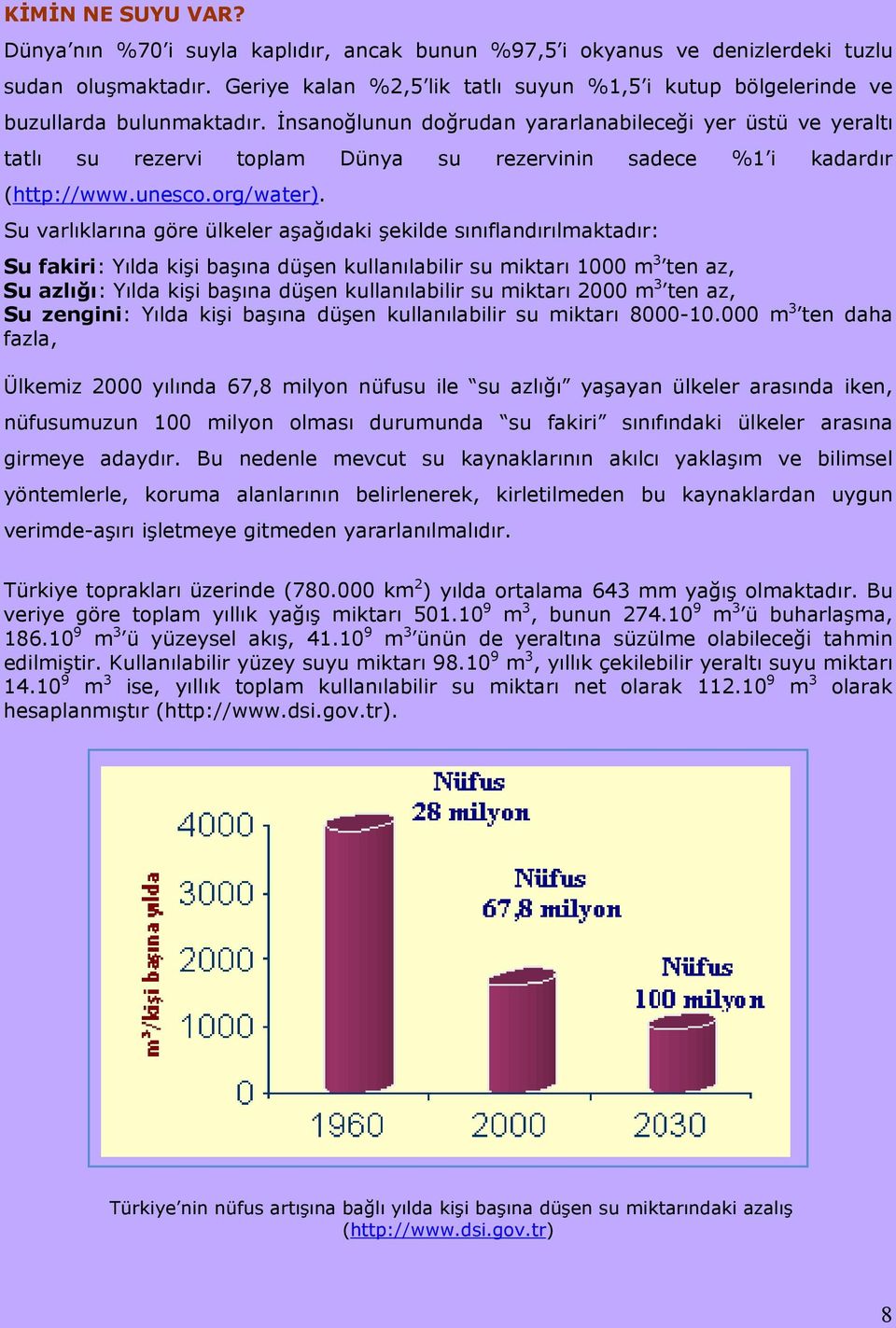 İnsanoğlunun doğrudan yararlanabileceği yer üstü ve yeraltı tatlı su rezervi toplam Dünya su rezervinin sadece %1 i kadardır (http://www.unesco.org/water).