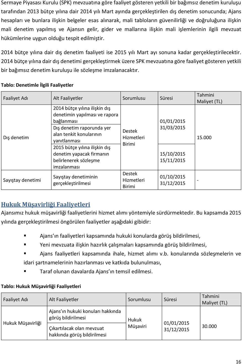 ilgili mevzuat hükümlerine uygun olduğu tespit edilmiştir. 2014 bütçe yılına dair dış denetim faaliyeti ise 2015 yılı Mart ayı sonuna kadar gerçekleştirilecektir.