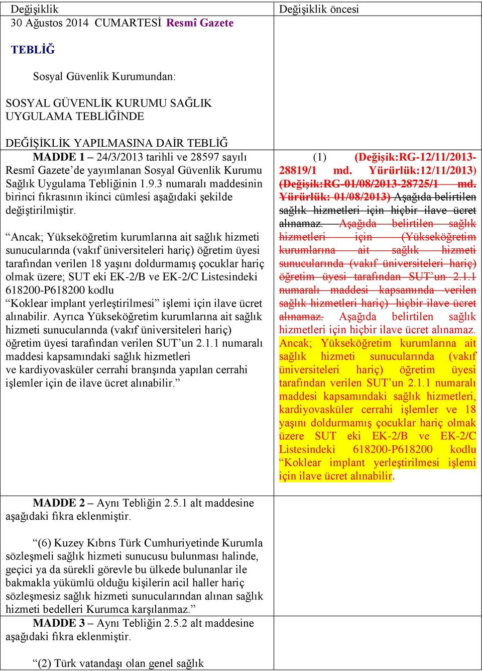 Ancak; Yükseköğretim kurumlarına ait sağlık hizmeti sunucularında (vakıf üniversiteleri hariç) öğretim üyesi tarafından verilen 18 yaşını doldurmamış çocuklar hariç olmak üzere; SUT eki EK-2/B ve