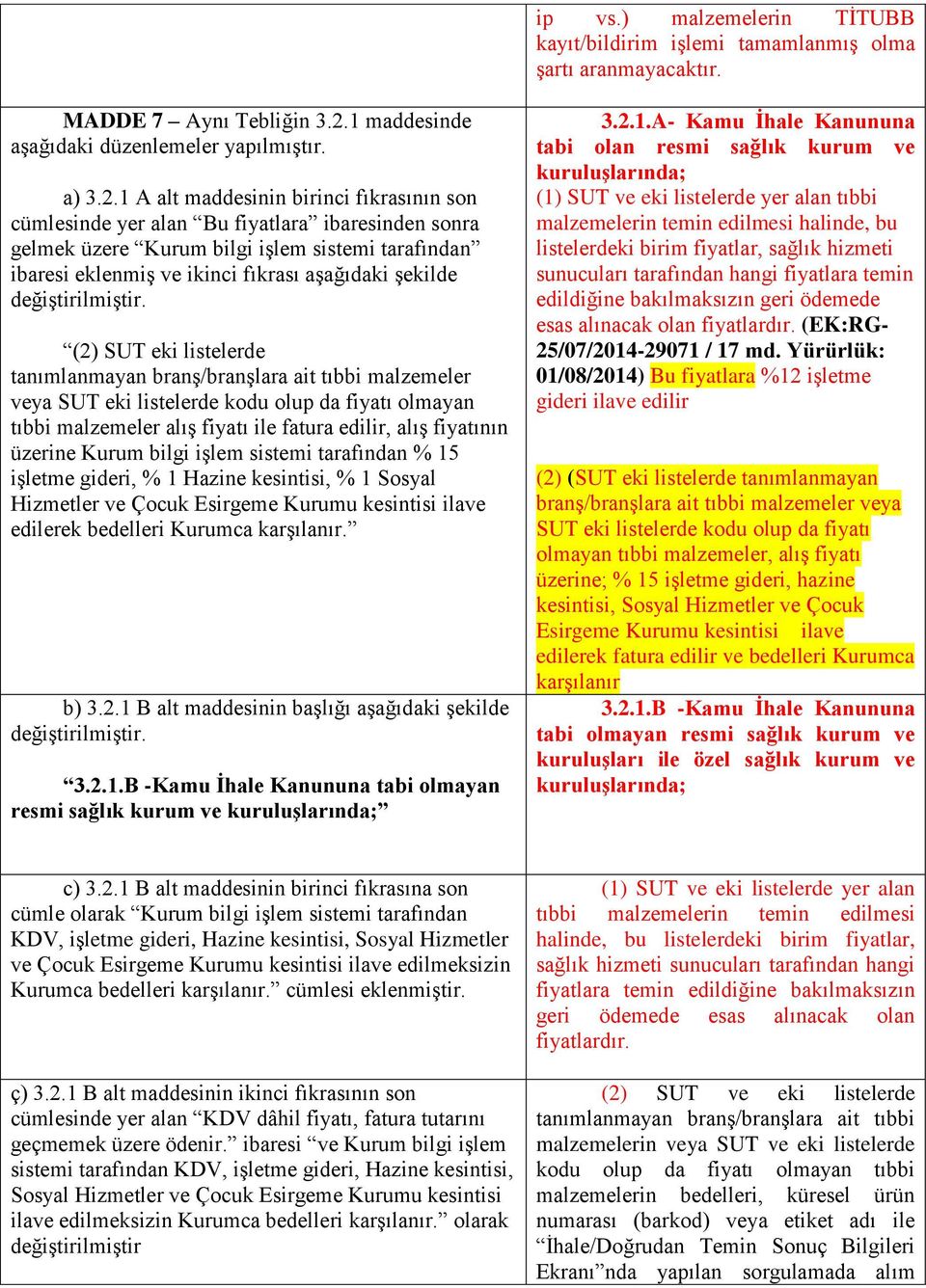 1 A alt maddesinin birinci fıkrasının son cümlesinde yer alan Bu fiyatlara ibaresinden sonra gelmek üzere Kurum bilgi işlem sistemi tarafından ibaresi eklenmiş ve ikinci fıkrası aşağıdaki şekilde