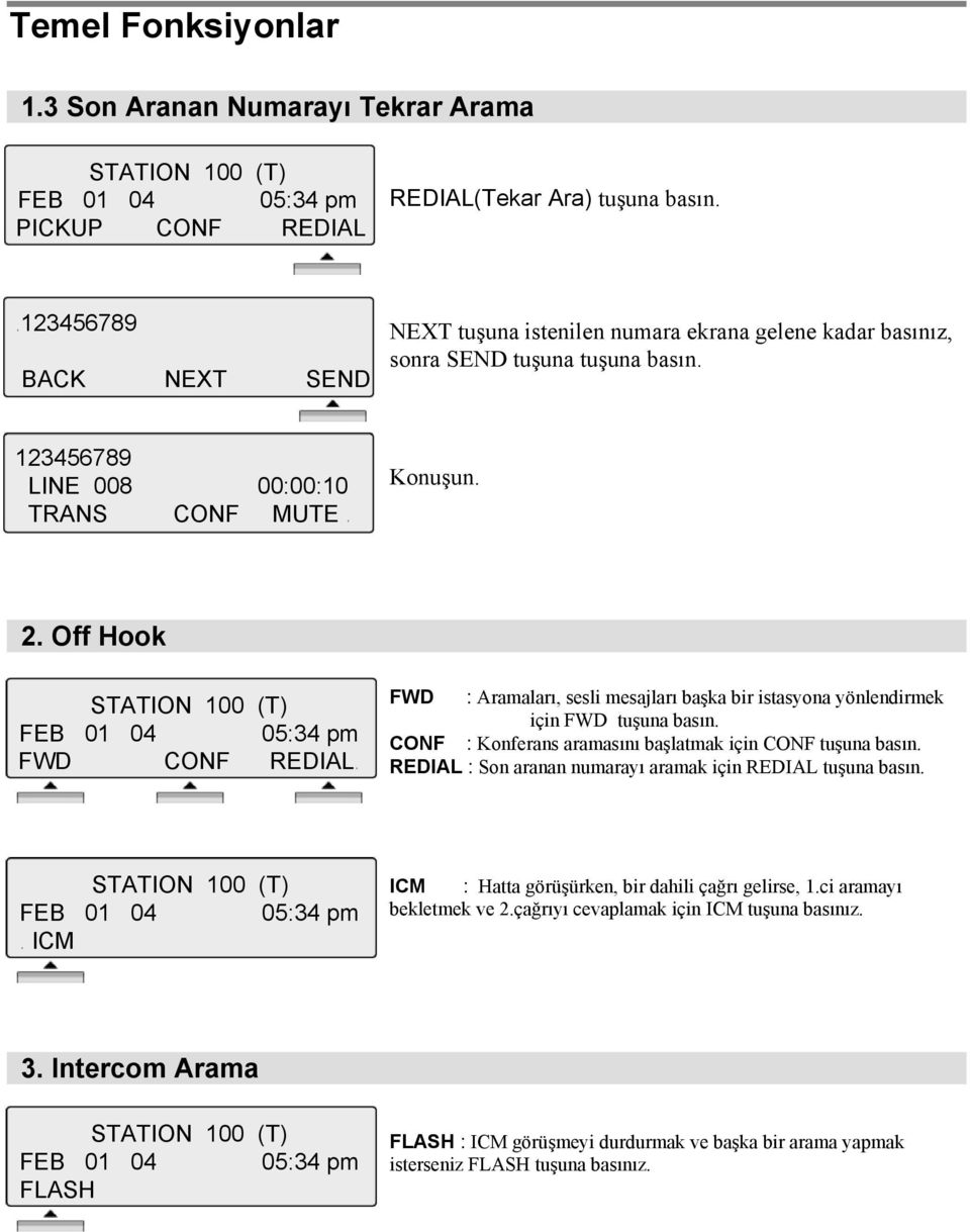 Off Hook STATION 100 (T) FEB 01 04 05:34 pm FWD CONF REDIAL FWD : Aramaları, sesli mesajları başka bir istasyona yönlendirmek için FWD tuşuna basın.