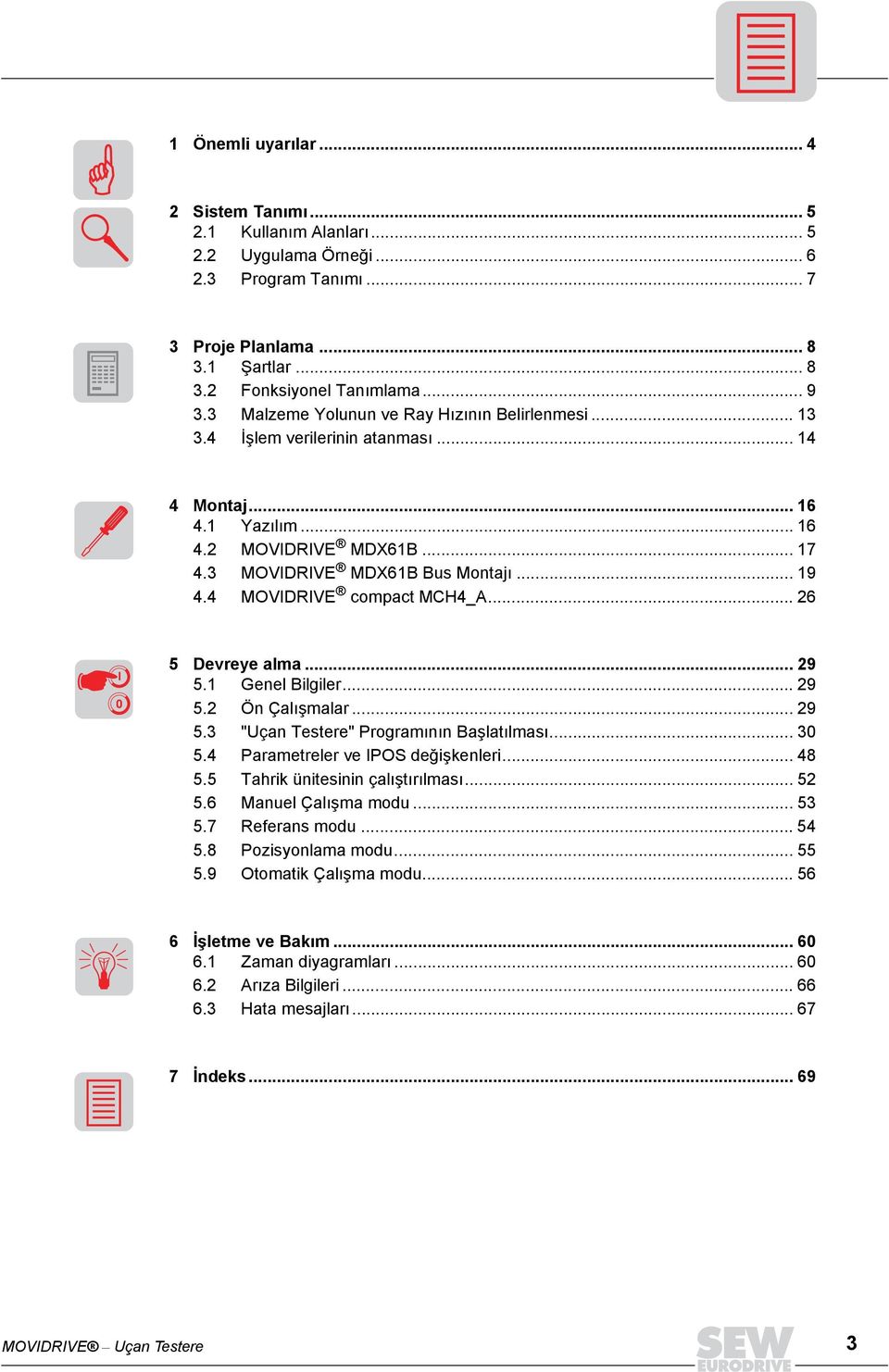 4 MOVIDRIVE compact MCH4_A... 26 I 5 Devreye alma... 29 5.1 Genel Bilgiler... 29 5.2 Ön Çalõşmalar... 29 5.3 "Uçan Testere" Programõnõn Başlatõlmasõ... 3 5.4 Parametreler ve IPOS değişkenleri... 48 5.