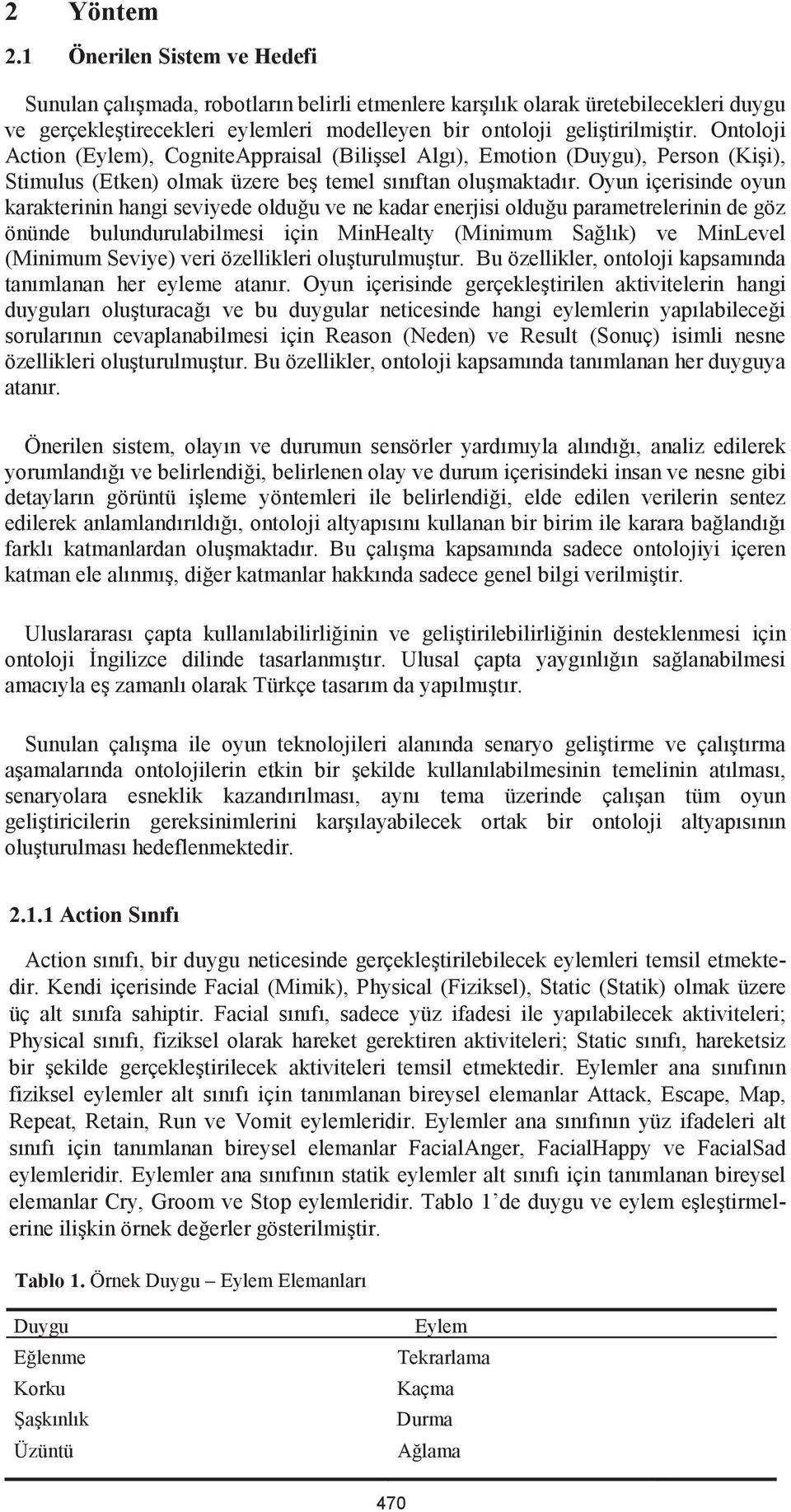 Ontoloji Action (Eylem), CogniteAppraisal (Bili sel Algı), Emotion (Duygu), Person (Ki i), Stimulus (Etken) olmak üzere be temel sınıftan olu maktadır.