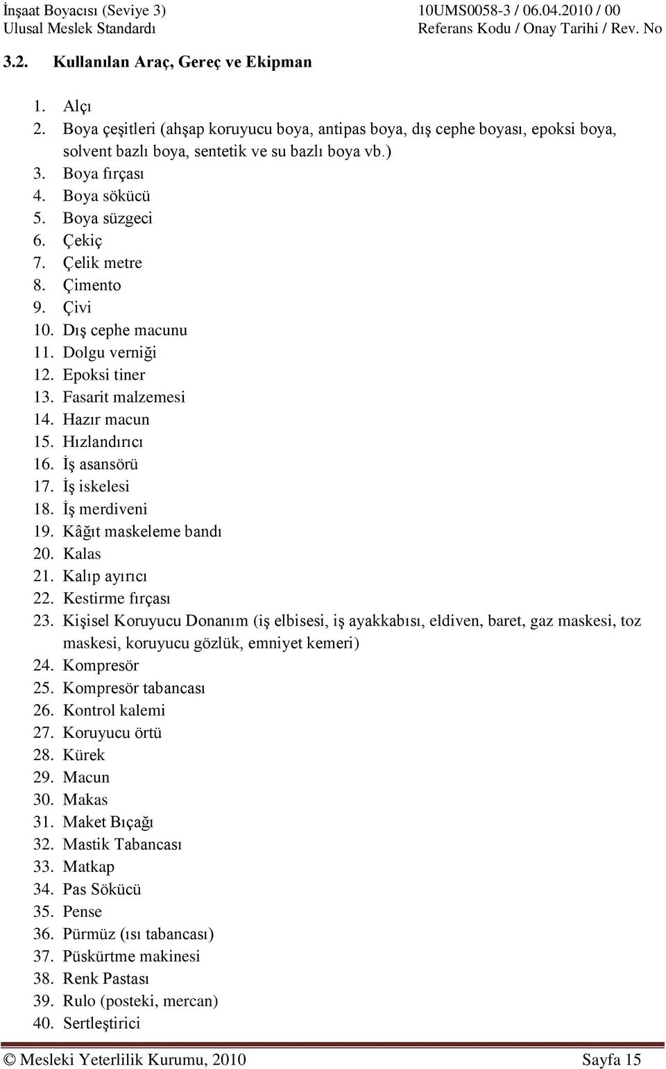 Hızlandırıcı 16. İş asansörü 17. İş iskelesi 18. İş merdiveni 19. Kâğıt maskeleme bandı 20. Kalas 21. Kalıp ayırıcı 22. Kestirme fırçası 23.