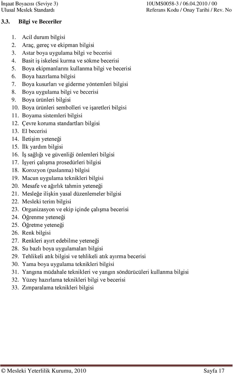 Boya ürünleri sembolleri ve işaretleri bilgisi 11. Boyama sistemleri bilgisi 12. Çevre koruma standartları bilgisi 13. El becerisi 14. İletişim yeteneği 15. İlk yardım bilgisi 16.