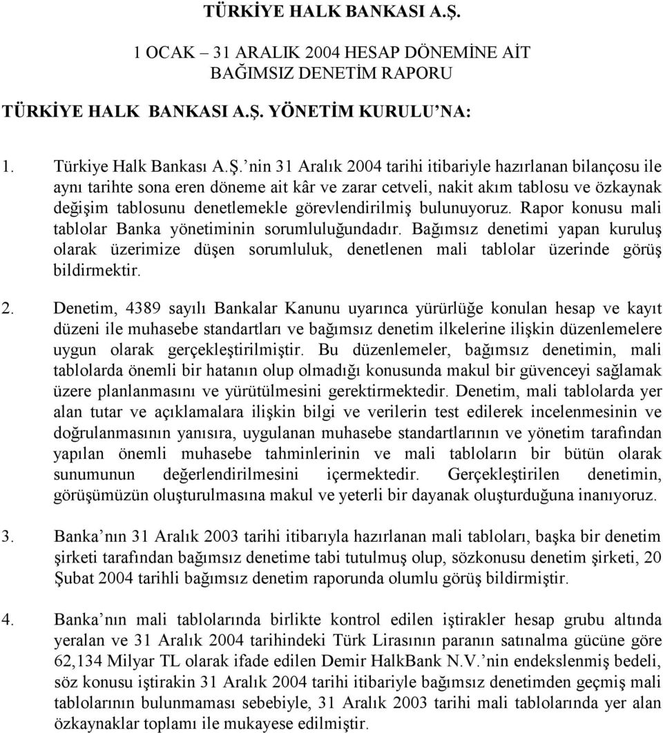 nin 31 Aralık 2004 tarihi itibariyle hazırlanan bilançosu ile aynı tarihte sona eren döneme ait kâr ve zarar cetveli, nakit akım tablosu ve özkaynak değişim tablosunu denetlemekle görevlendirilmiş