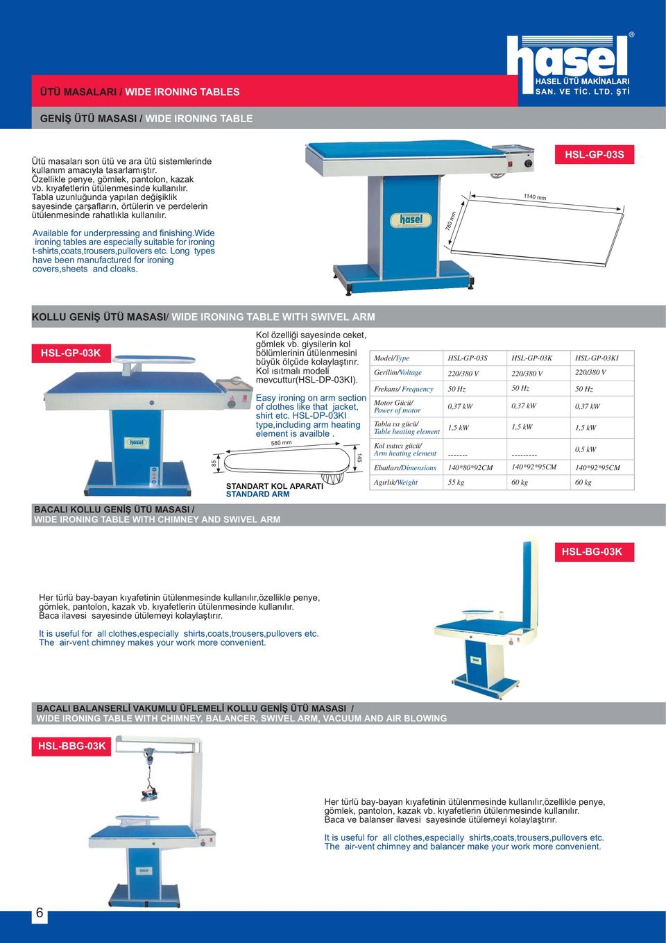 Available for underpressing and finishing.wide ironing tables are especially suitable for ironing t-shirts,coats,trousers,pullovers etc.