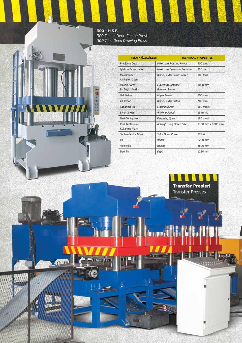 ) Maximum Distance Between Plates 100 tons 1000 mm Üst Piston Upper Piston 800 mm Alt Piston Blank Holder Piston 300 mm Kapanma Hızı Closing Speed 180 mm/s Sıvama Hızı Working Speed 15