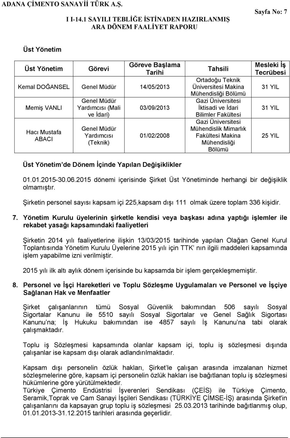 Gazi Üniversitesi Mühendislik Mimarlık Fakültesi Makina Mühendisliği Bölümü Mesleki İş Tecrübesi 31 YIL 31 YIL 25 YIL 01.01.2015-30.06.