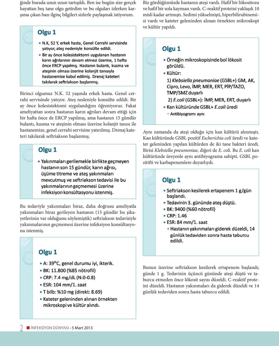 Sedimi yükselmişti, hiperbilirubinemisi vardı ve kateter geleninden alınan örnekten mikroskopi ve kültür yapıldı. Birinci olgumuz N.K. 52 yaşında erkek hasta. Genel cerrahi servisinde yatıyor.