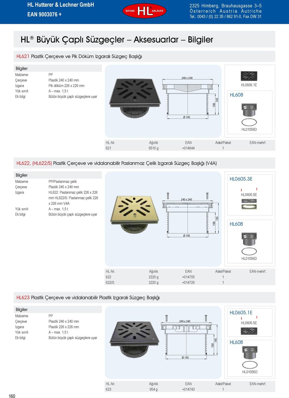 3E Çerçeve Plastik 240 x 240 mm HL622: Paslanmaz çelik 226 x 226 mm HL622/S: Paslanmaz çelik 226 x 226 mm V4A Bütün büyük çaplı süzgeçlere uyar 240 x 240 HL0605.5E 100 145 HL608 Ø 195 HL01056D HL-Nr.