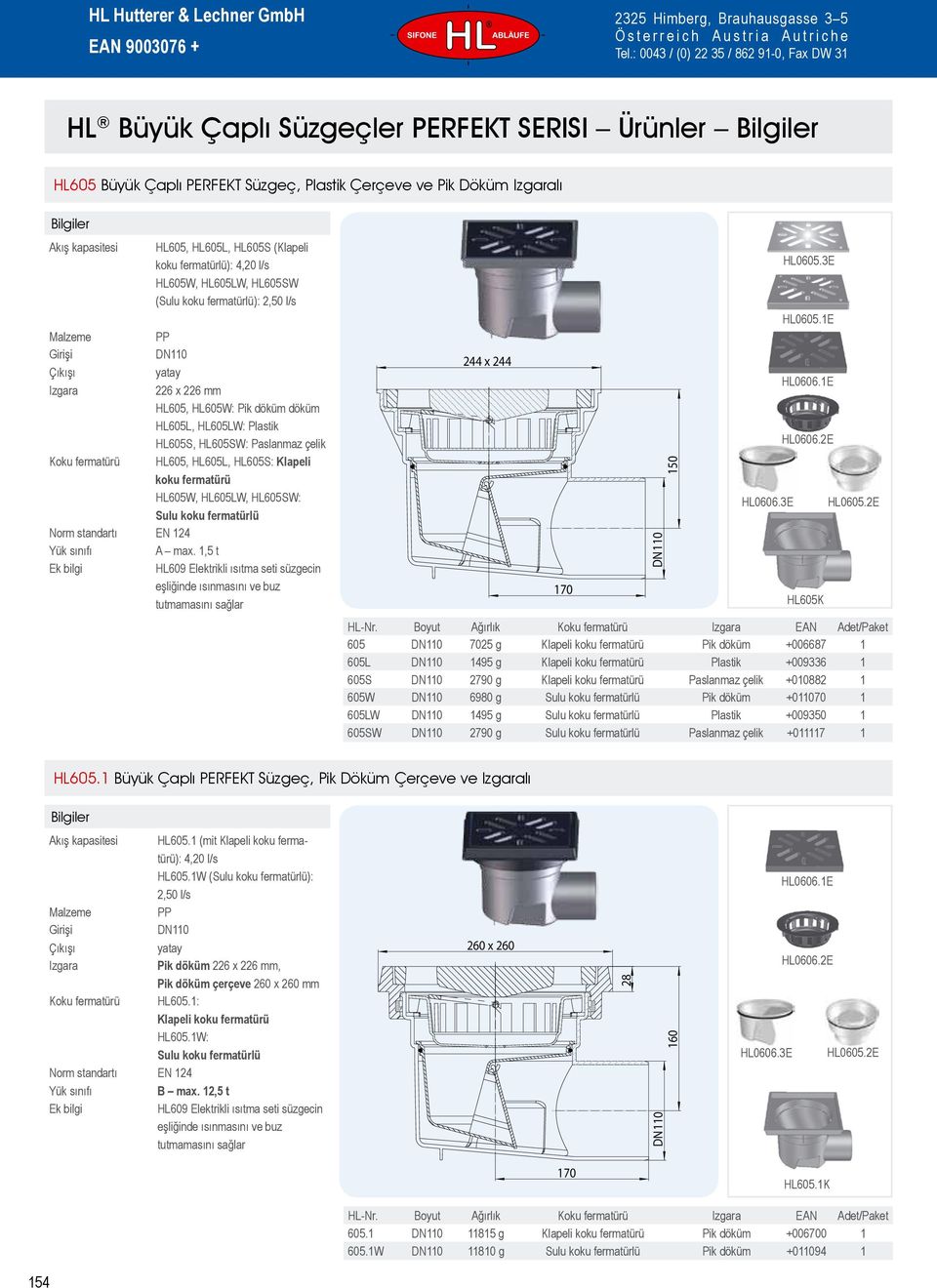 1E yatay 226 x 226 mm HL605, HL605W: Pik döküm döküm HL605L, HL605LW: Plastik HL605S, HL605SW: Paslanmaz çelik 244 x 244 Koku fermatürü HL605, HL605L, HL605S: Klapeli koku fermatürü HL605W, HL605LW,