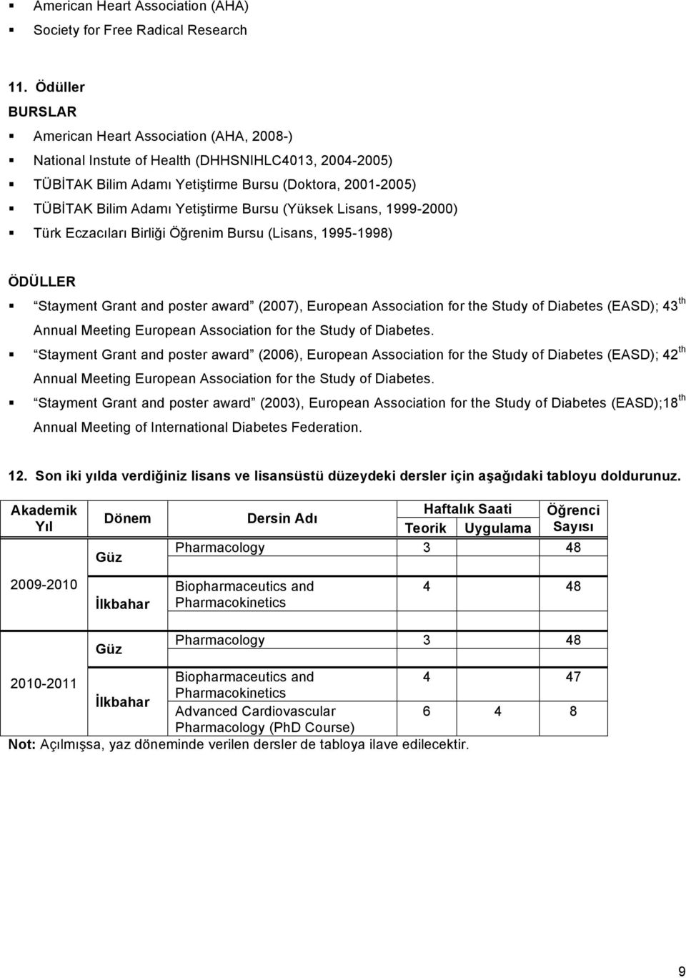 Bursu (Yüksek Lisans, 1999-2000) Türk Eczacıları Birliği Öğrenim Bursu (Lisans, 1995-1998) ÖDÜLLER Stayment Grant and poster award (2007), European Association for the Study of Diabetes (EASD); 43 th