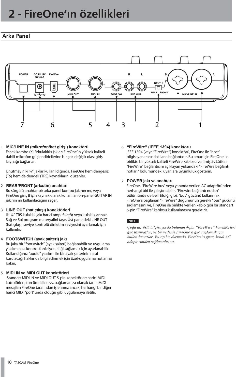 2 REAR/FRONT (arka/ön) anahtarı Bu sürgülü anahtar bir arka panel kombo jakının mı, veya FireOne giriş B için kaynak olarak kullanılan ön-panel GUITAR IN jakının mı kullanılacağını seçer.