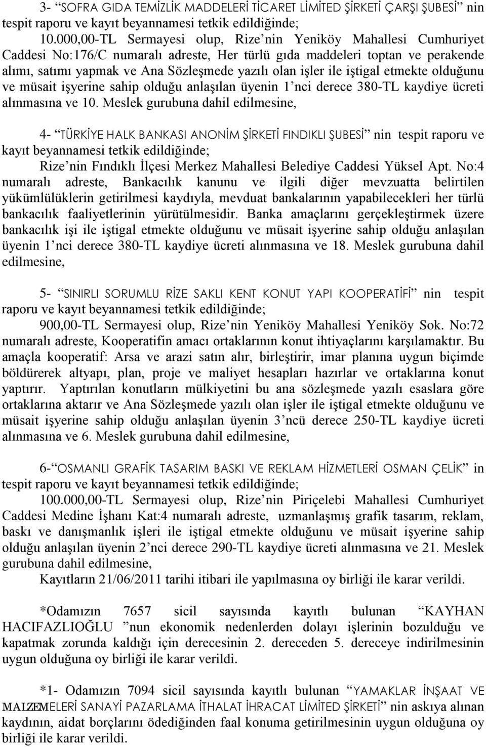 iştigal etmekte olduğunu ve müsait işyerine sahip olduğu anlaşılan üyenin 1 nci derece 380-TL kaydiye ücreti alınmasına ve 10.