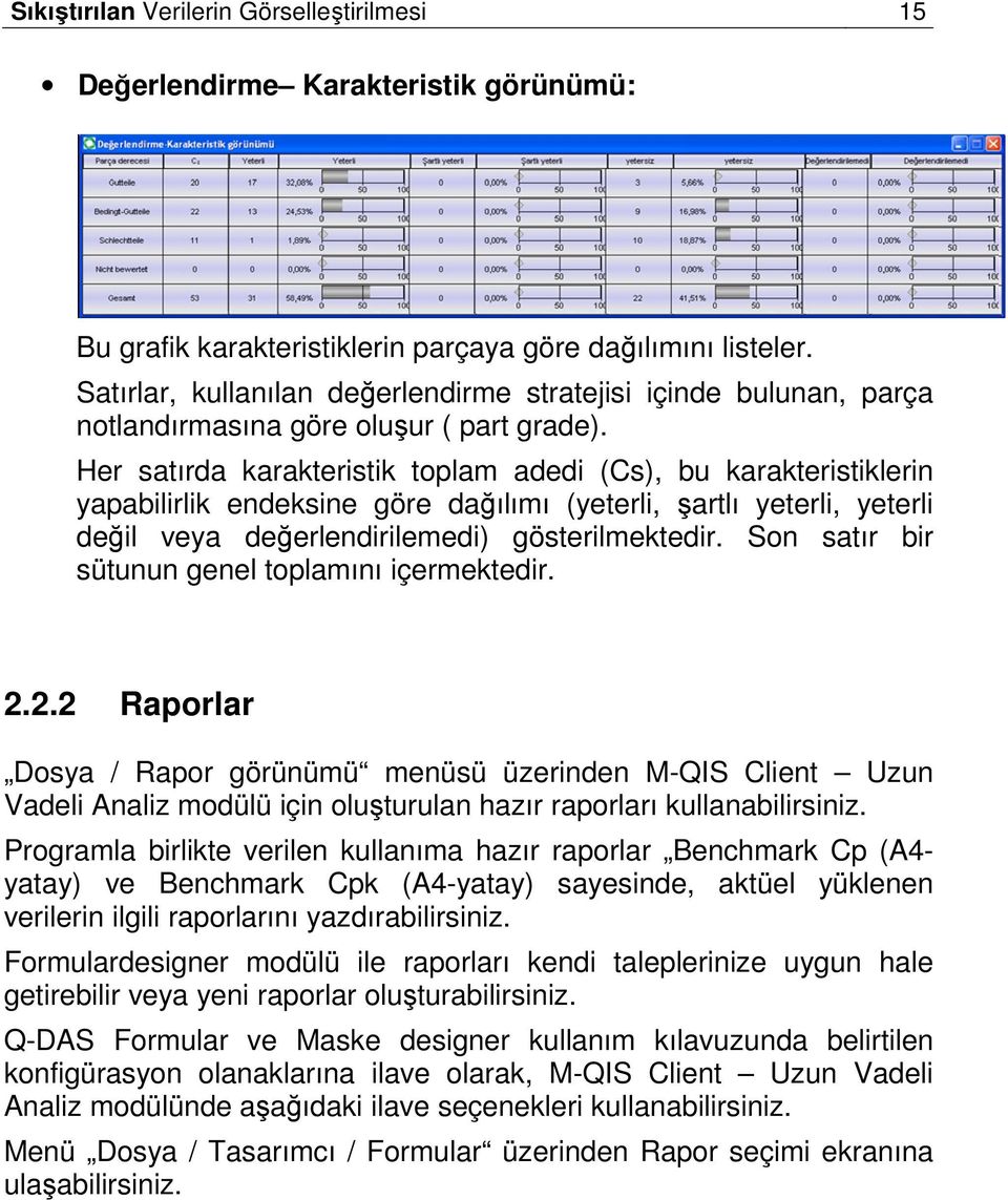 Her satırda karakteristik toplam adedi (Cs), bu karakteristiklerin yapabilirlik endeksine göre dağılımı (yeterli, şartlı yeterli, yeterli değil veya değerlendirilemedi) gösterilmektedir.