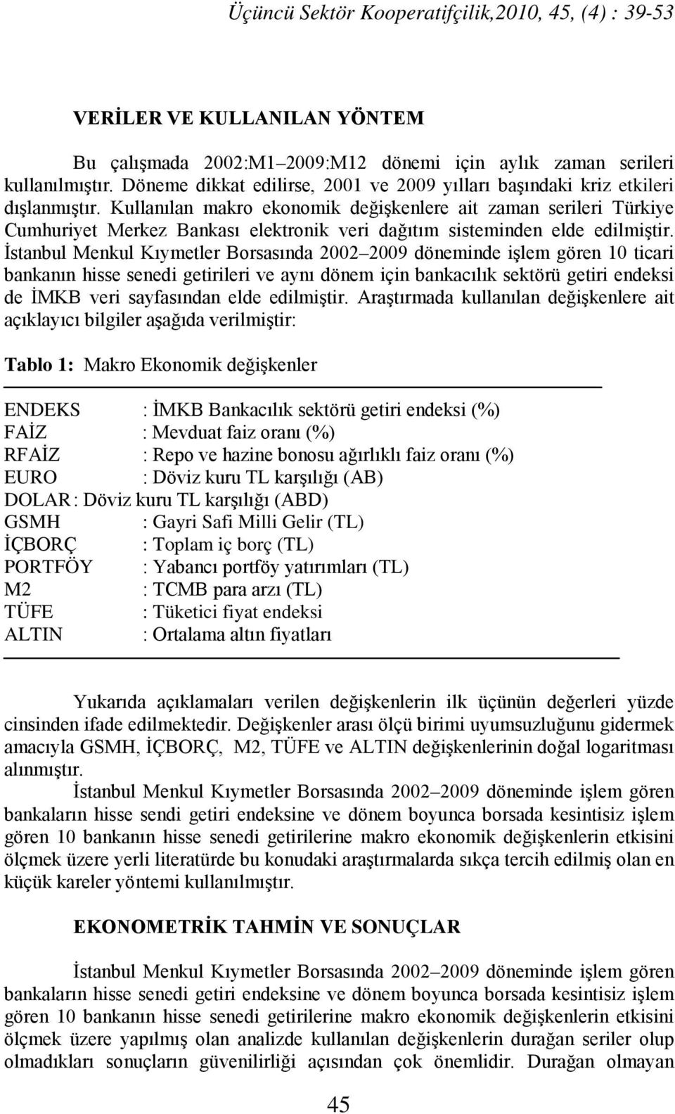 Kullanılan makro ekonomik değişkenlere ait zaman serileri Türkiye Cumhuriyet Merkez Bankası elektronik veri dağıtım sisteminden elde edilmiştir.