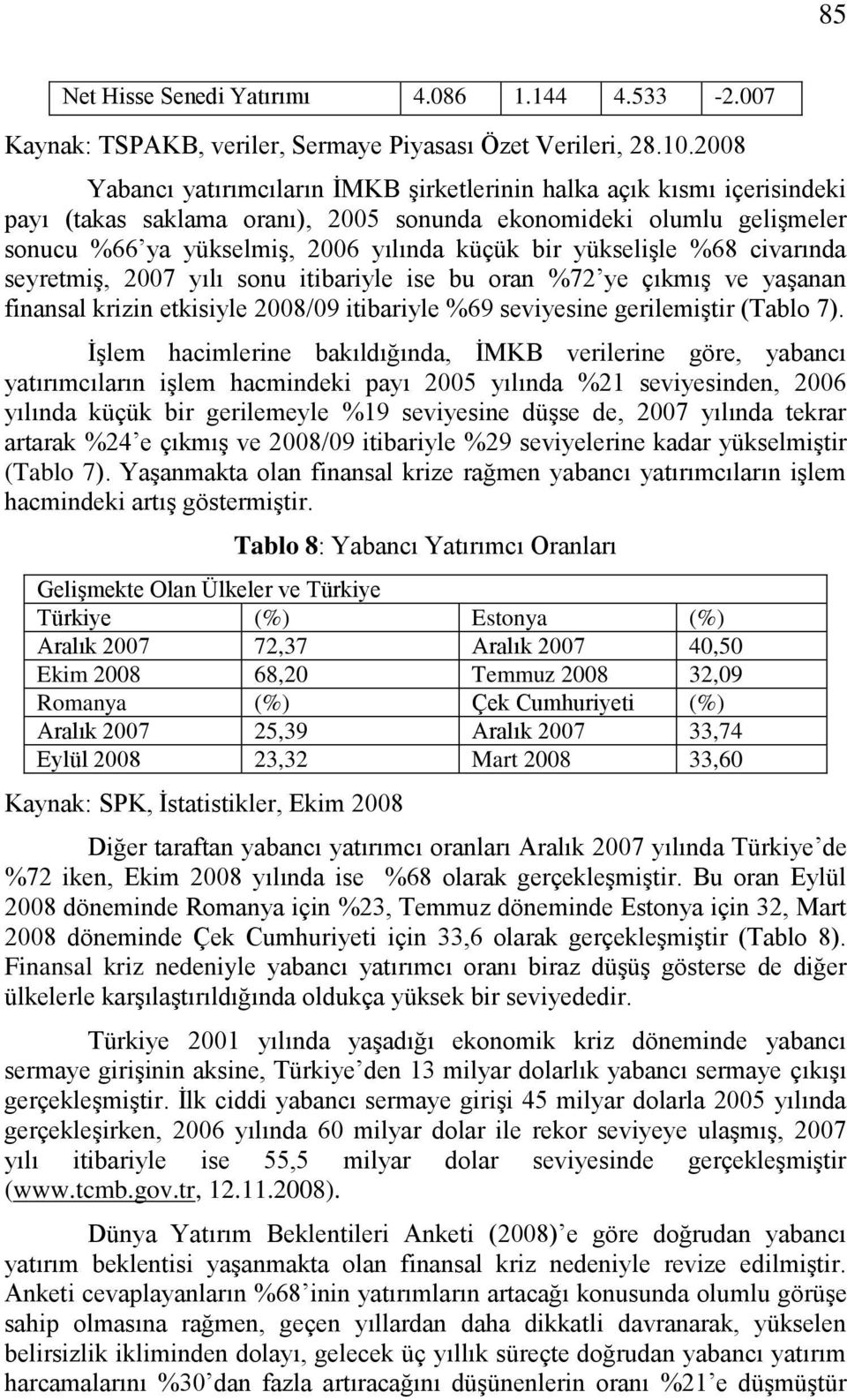 yükseliģle %68 civarında seyretmiģ, 2007 yılı sonu itibariyle ise bu oran %72 ye çıkmıģ ve yaģanan finansal krizin etkisiyle 2008/09 itibariyle %69 seviyesine gerilemiģtir (Tablo 7).