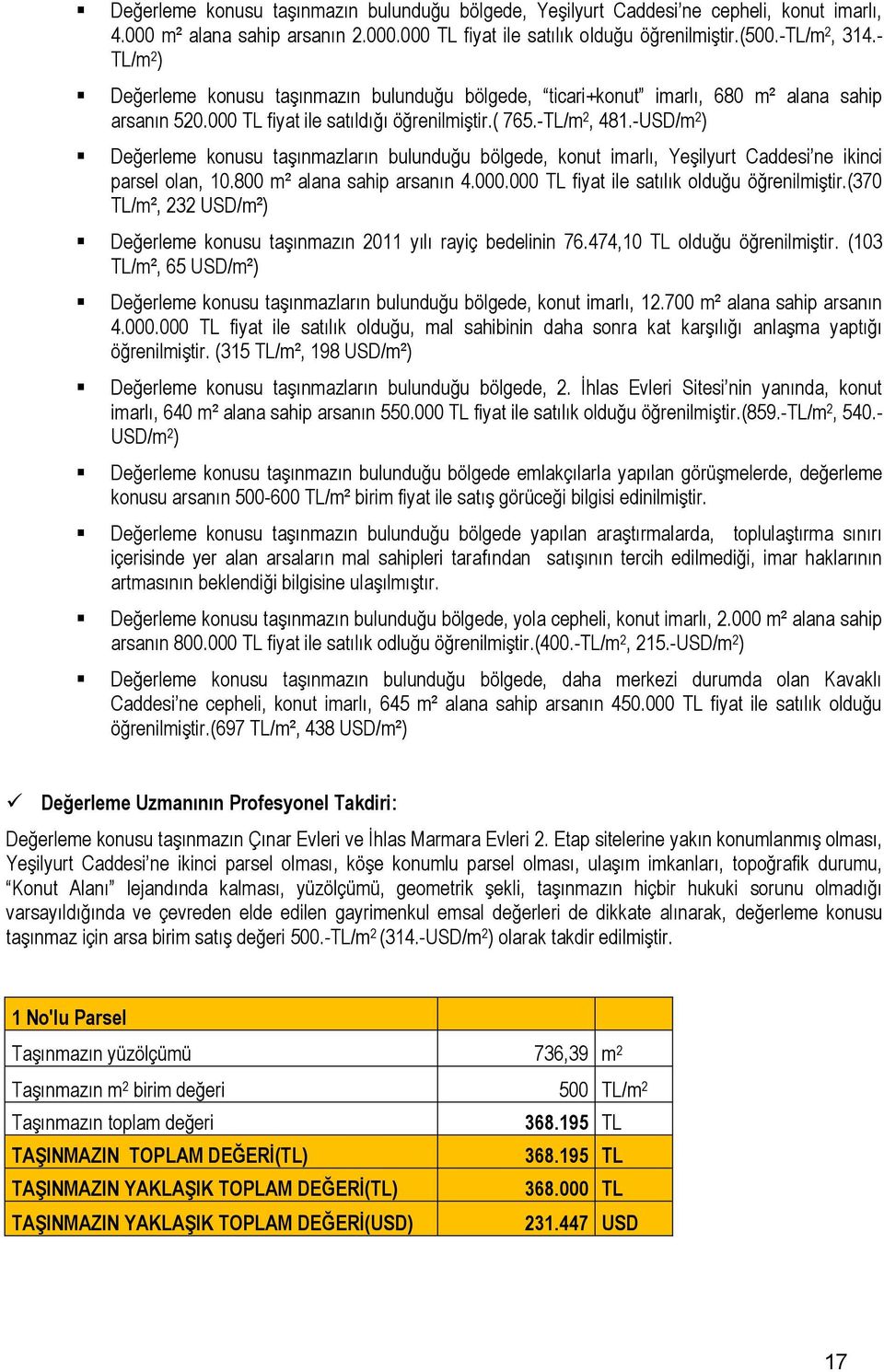 -USD/m 2 ) Değerleme konusu taģınmazların bulunduğu bölgede, konut imarlı, YeĢilyurt Caddesi ne ikinci parsel olan, 10.800 m² alana sahip arsanın 4.000.000 TL fiyat ile satılık olduğu öğrenilmiģtir.