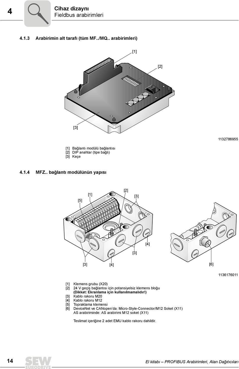 . bağlantı modülünün yapısı [5] [1] [2] [3] [4] [3] [3] [4] [6] 1136176011 [1] [2] [3] [4] [5] [6] Klemens grubu (X20) 24 V geçiş bağlantısı için potansiyelsiz klemens