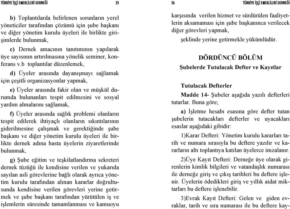 b toplantılar düzenlemek, d) Üyeler arasında dayanışmayı sağlamak için çeşitli organizasyonlar yapmak, e) Üyeler arasında fakir olan ve müşkül durumda bulunanları tespit edilmesini ve sosyal yardım