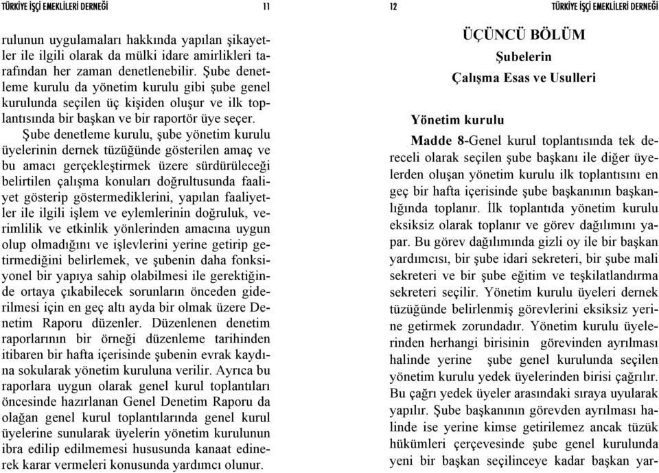 Şube denetleme kurulu, şube yönetim kurulu üyelerinin dernek tüzüğünde gösterilen amaç ve bu amacı gerçekleştirmek üzere sürdürüleceği belirtilen çalışma konuları doğrultusunda faaliyet gösterip