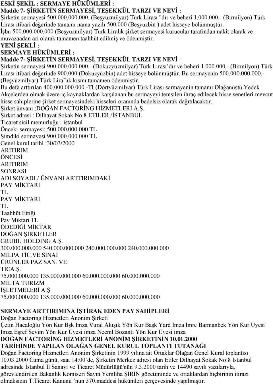 YENİ ŞEKLİ : SERMAYE HÜKÜMLERİ : Madde 7- ŞİRKETİN SERMAYESİ, TEŞEKKÜL TARZI VE NEVİ : Şirketin sermayesi 900.000.000.000.- (Dokuzyüzmilyar) Türk Lirası dır ve beheri 1.000.000,- (Birmilyon) Türk Lirası itibari değerinde 900.