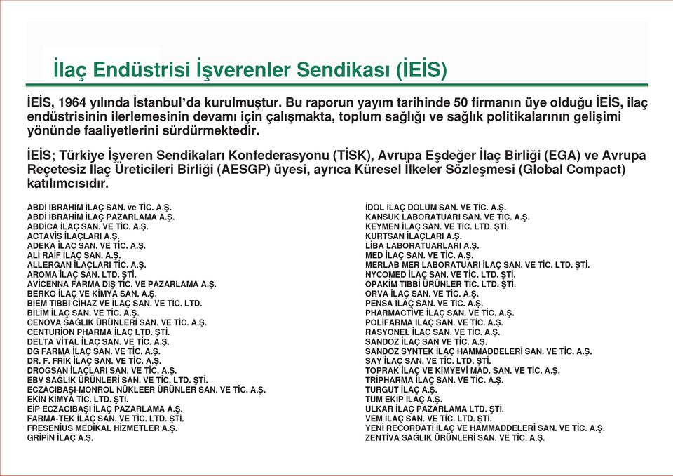 E S; Türkiye flveren Sendikalar Konfederasyonu (T SK), Avrupa Eflde er laç Birli i (EGA) ve Avrupa Reçetesiz laç Üreticileri Birli i (AESGP) üyesi, ayr ca Küresel lkeler Sözleflmesi (Global Compact)