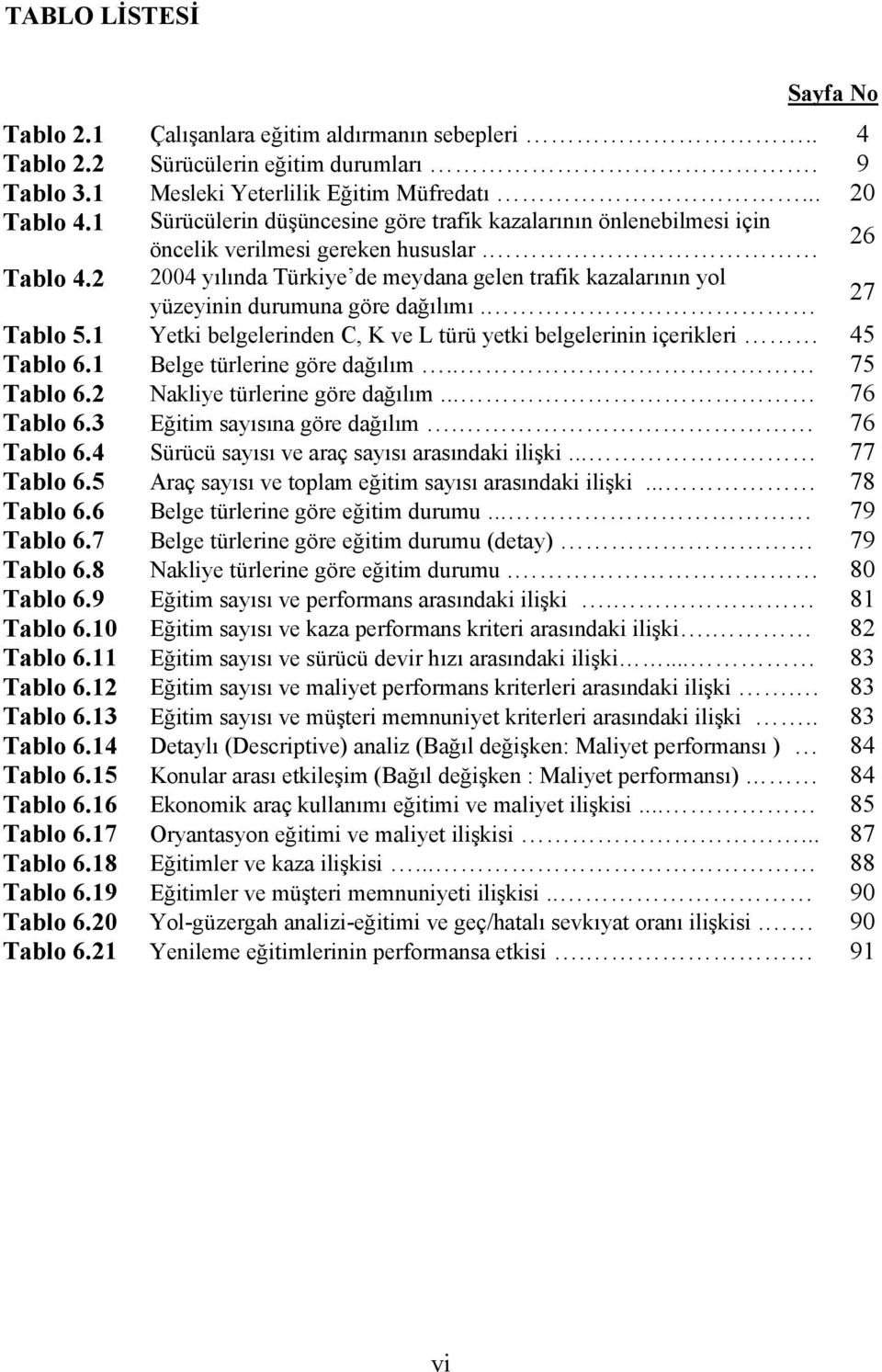 2 2004 yılında Türkiye de meydana gelen trafik kazalarının yol yüzeyinin durumuna göre dağılımı. 27 Tablo 5.1 Yetki belgelerinden C, K ve L türü yetki belgelerinin içerikleri 45 Tablo 6.