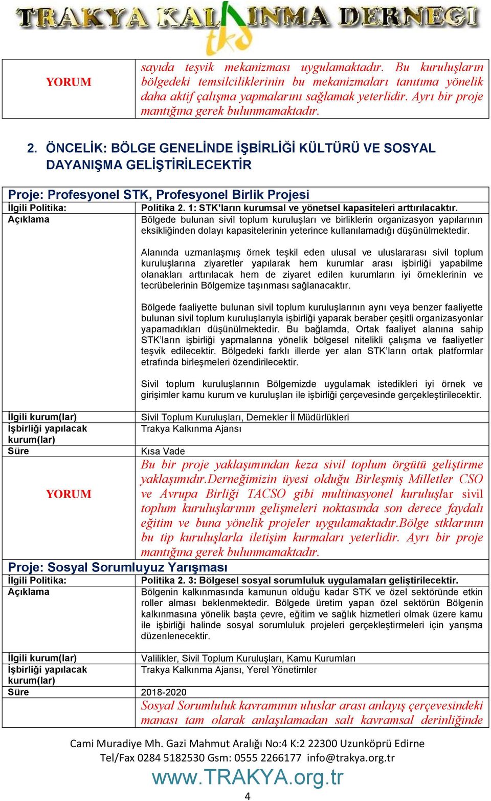 ÖNCELİK: BÖLGE GENELİNDE İŞBİRLİĞİ KÜLTÜRÜ VE SOSYAL DAYANIŞMA GELİŞTİRİLECEKTİR Proje: Profesyonel STK, Profesyonel Birlik Projesi İlgili Politika 2.