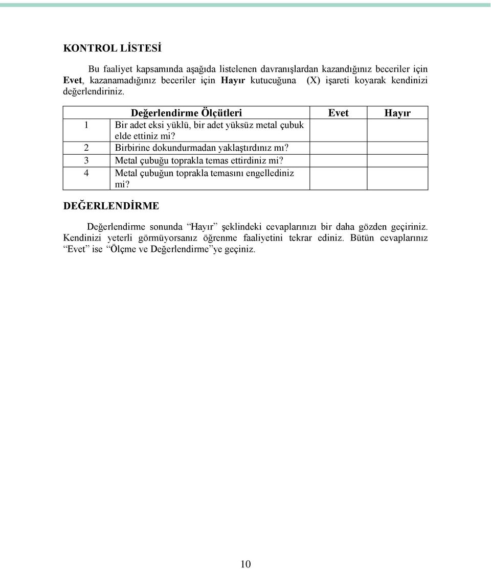 2 Birbirine dokundurmadan yaklaģtırdınız mı? 3 Metal çubuğu toprakla temas ettirdiniz mi? 4 Metal çubuğun toprakla temasını engellediniz mi?