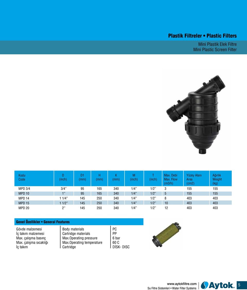 Flow (m3/h) 3 5 10 12 Yüzey Alanı Area (cm2) 155 155 403 403 403 Weight (kg) 155 155 403 403 403 Genel Özellikler General Features Gövde malzemesi