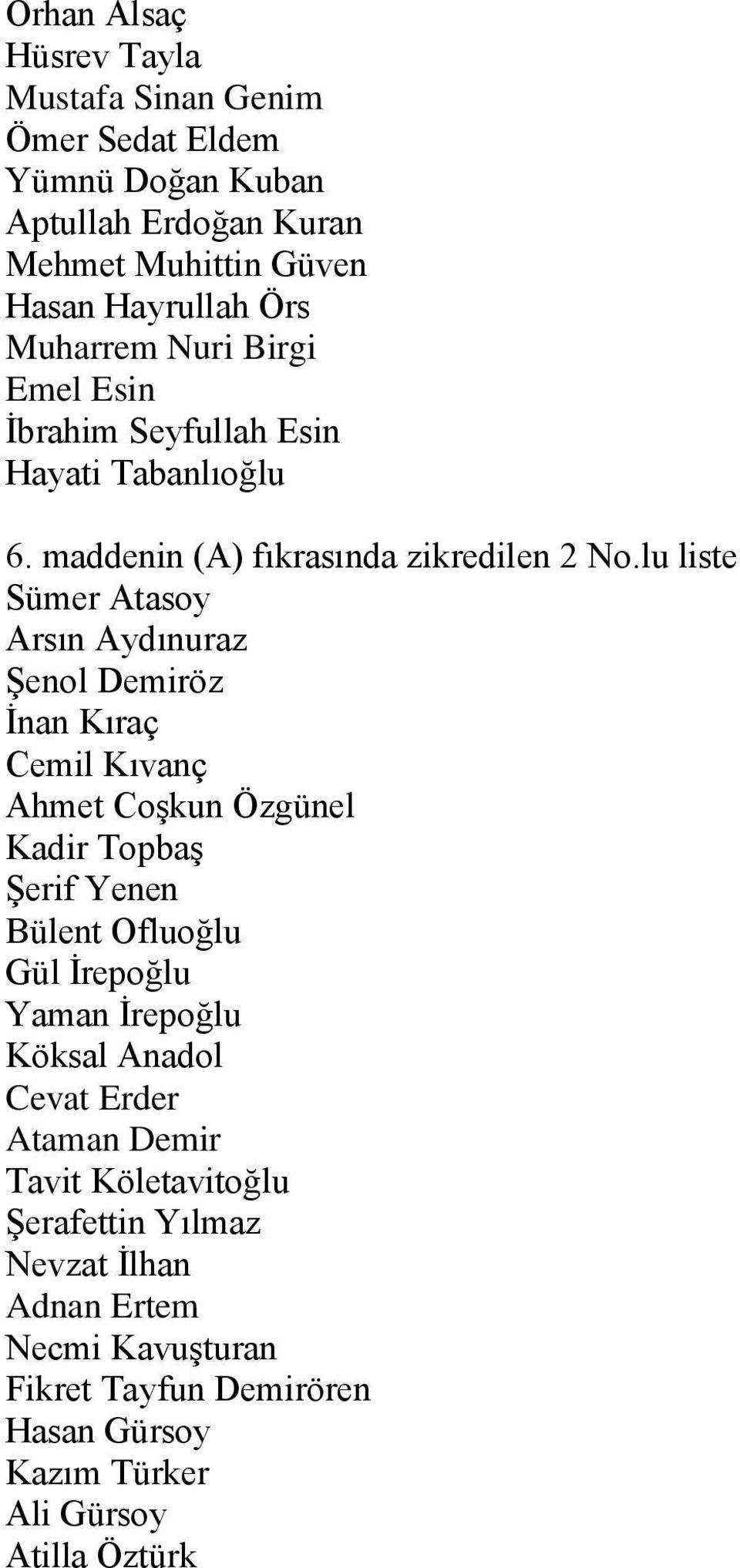 lu liste Sümer Atasoy Arsın Aydınuraz Şenol Demiröz İnan Kıraç Cemil Kıvanç Ahmet Coşkun Özgünel Kadir Topbaş Şerif Yenen Bülent Ofluoğlu Gül İrepoğlu