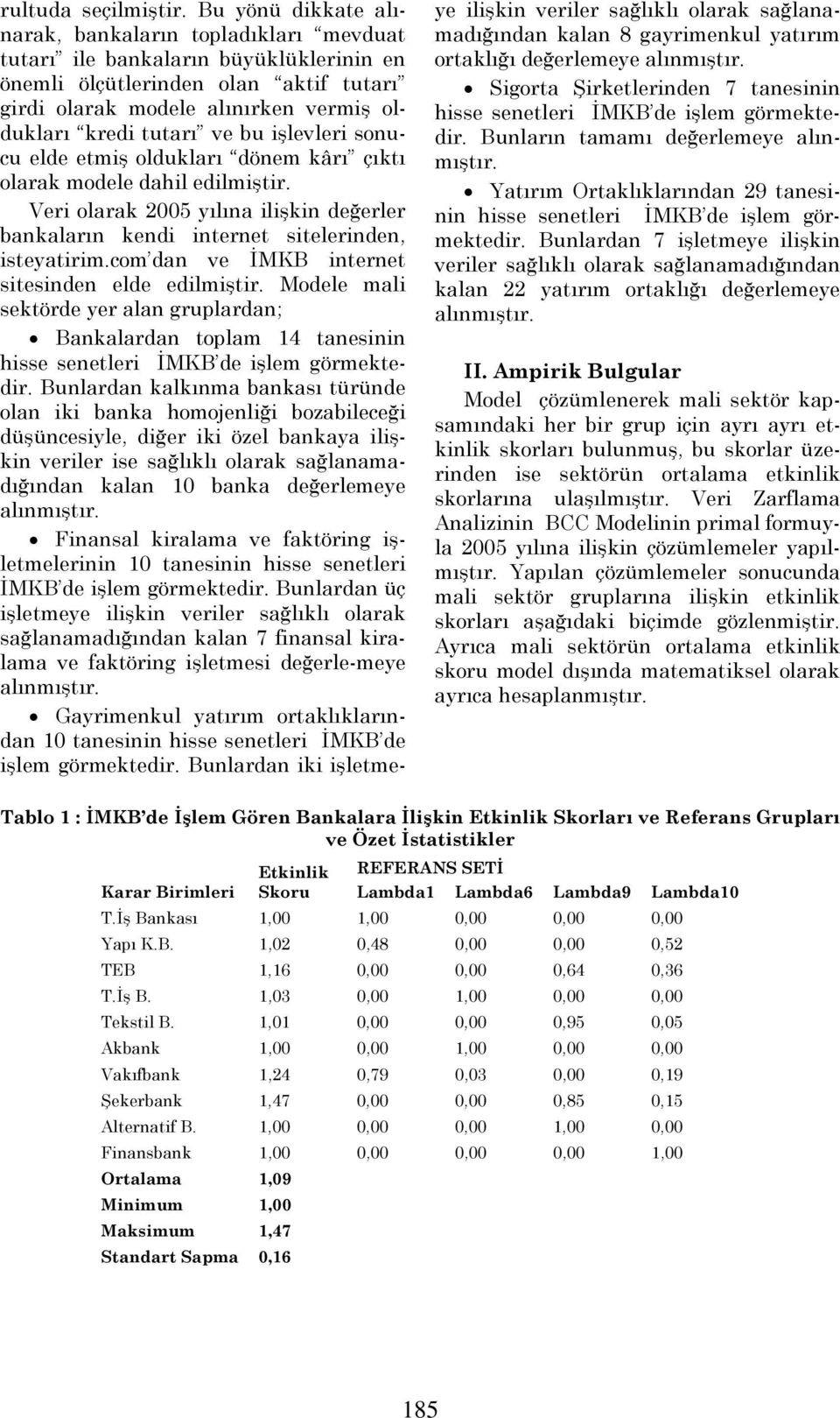 ve bu işlevleri sonucu elde etmiş oldukları dönem kârı çıktı olarak modele dahil edilmiştir. Veri olarak 2005 yılına ilişkin değerler bankaların kendi internet sitelerinden, isteyatirim.