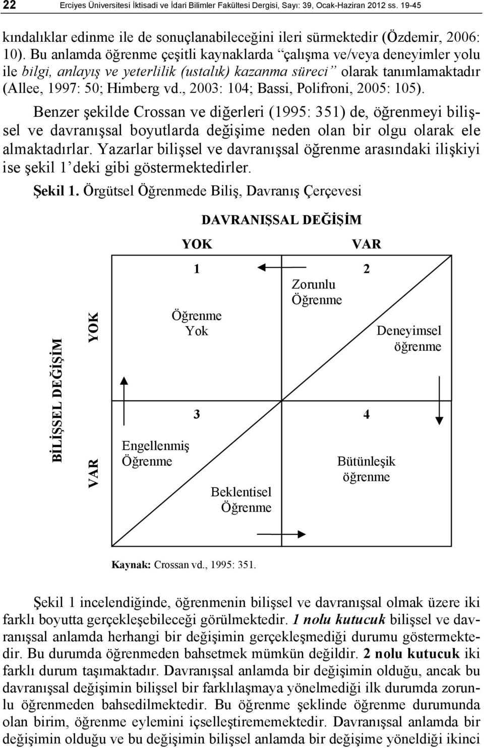 , 2003: 104; Bassi, Polifroni, 2005: 105). Benzer şekilde Crossan ve diğerleri (1995: 351) de, öğrenmeyi bilişsel ve davranışsal boyutlarda değişime neden olan bir olgu olarak ele almaktadırlar.