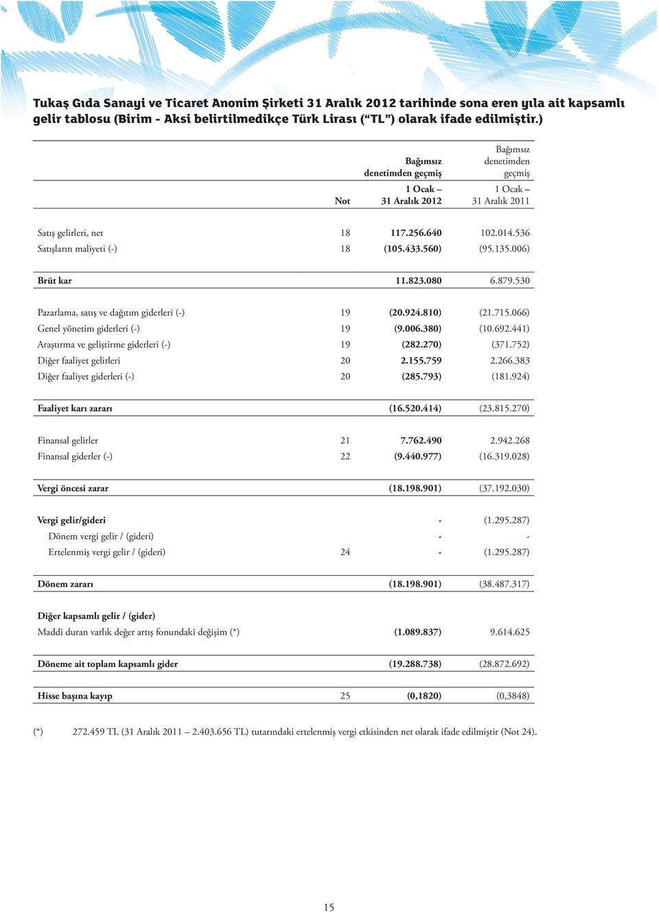 135.006) Brüt kar 11.823.080 6.879.530 Pazarlama, satış ve dağıtım giderleri (-) 19 (20.924.810) (21.715.066) Genel yönetim giderleri (-) 19 (9.006.380) (10.692.