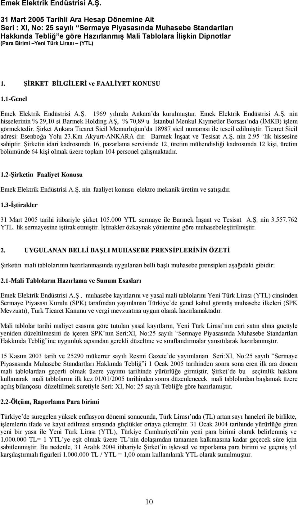 95 lik hissesine sahiptir. Şirketin idari kadrosunda 16, pazarlama servisinde 12, üretim mühendisliği kadrosunda 12 kişi, üretim bölümünde 64 kişi olmak üzere toplam 104 personel çalışmaktadır. 1.2-Şirketin Faaliyet Konusu Emek Elektrik Endüstrisi A.