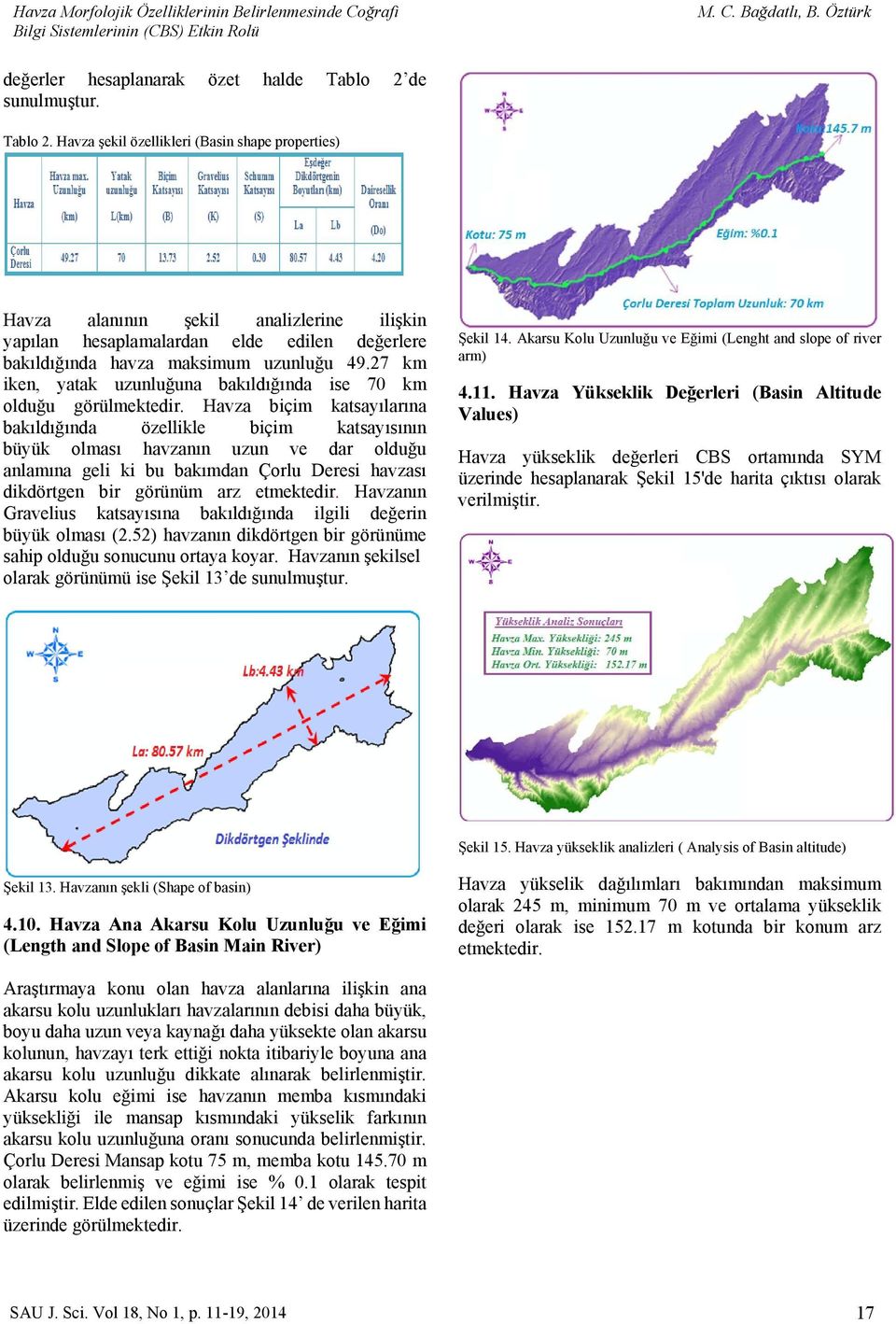 Havza şekil özellikleri (Basin shape properties) Havza alanının şekil analizlerine ilişkin yapılan hesaplamalardan elde edilen değerlere bakıldığında havza maksimum uzunluğu 49.