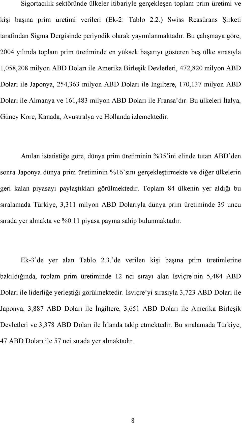 Bu çalışmaya göre, 2004 yılında toplam prim üretiminde en yüksek başarıyı gösteren beş ülke sırasıyla 1,058,208 milyon ABD Doları ile Amerika Birleşik Devletleri, 472,820 milyon ABD Doları ile