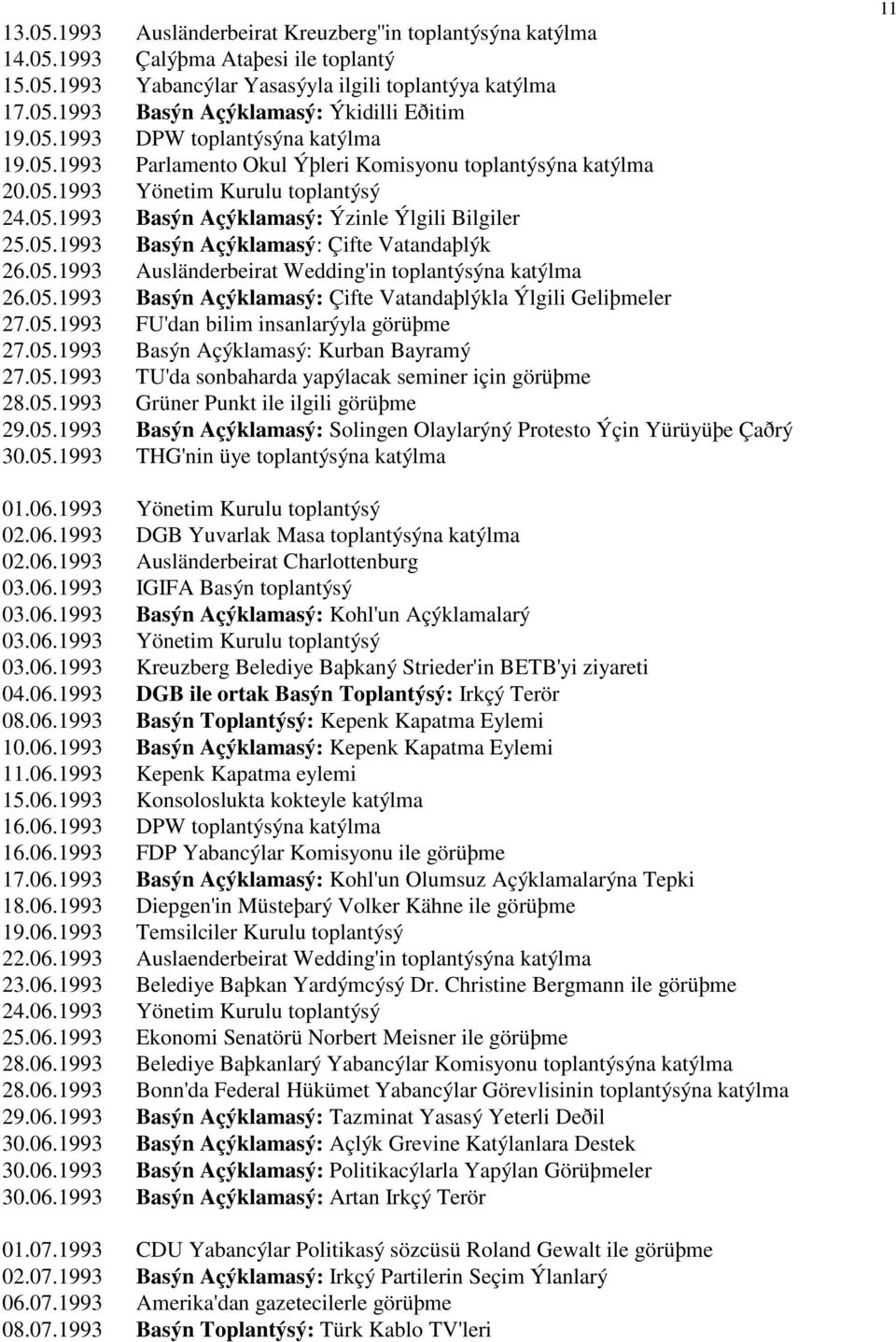 05.1993 Ausländerbeirat Wedding'in toplantýsýna katýlma 26.05.1993 Basýn Açýklamasý: Çifte Vatandaþlýkla Ýlgili Geliþmeler 27.05.1993 FU'dan bilim insanlarýyla görüþme 27.05.1993 Basýn Açýklamasý: Kurban Bayramý 27.